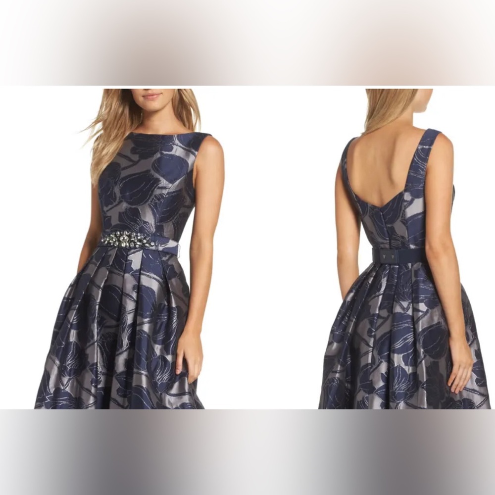 ELIZA J navy and metallic floral fit and flair dress size 4